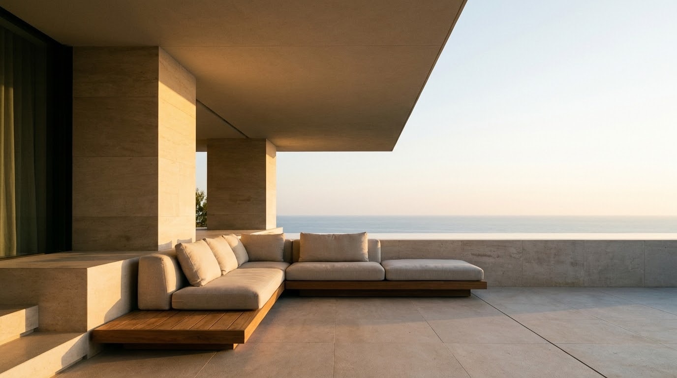 A calm architectural terrace furnished with a low teak sofa, overlooking the sea at sunset