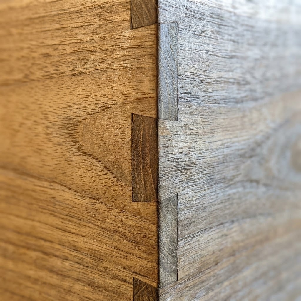 A detailed macro view of solid teak grain and a precise furniture joint